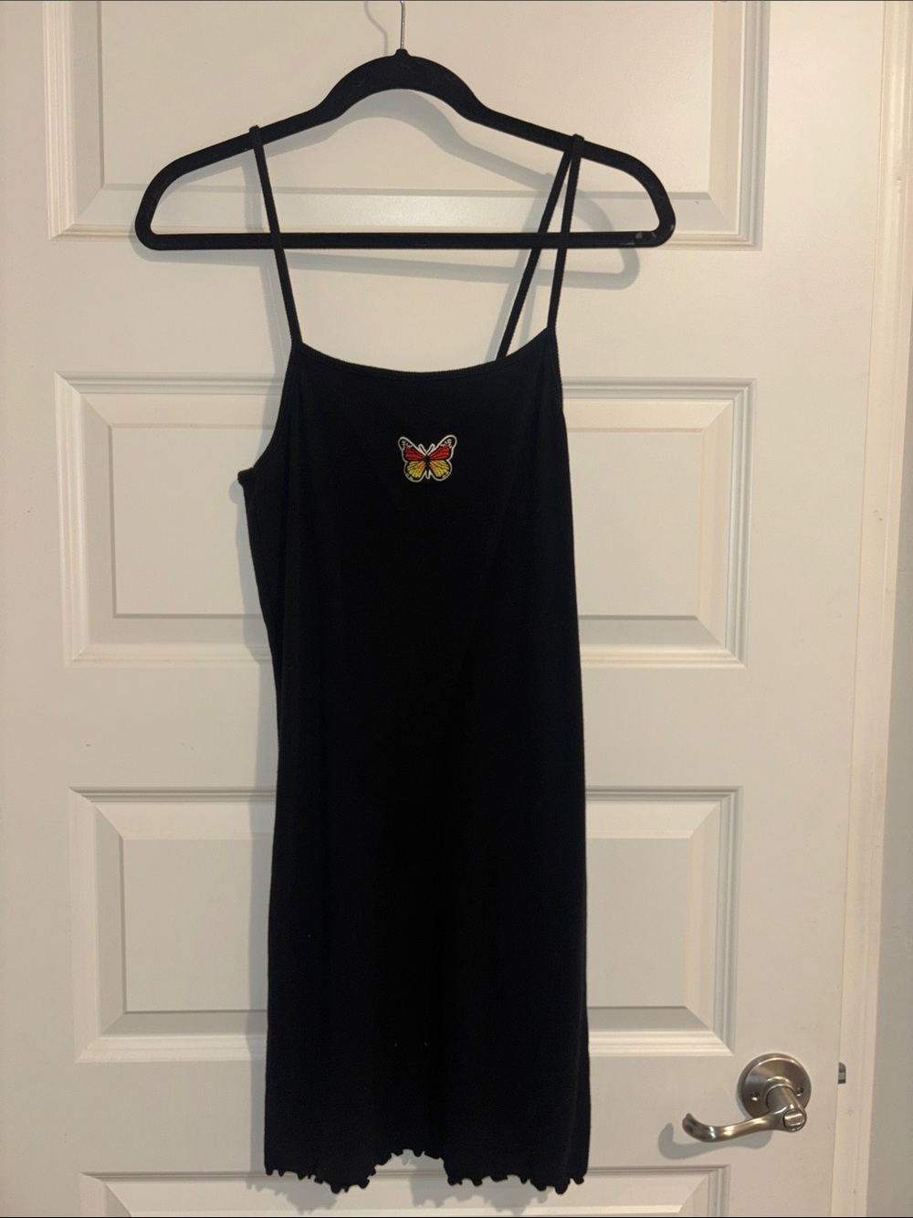 Black Spaghetti-Strap Slip Dress with Butterfly Embroidery